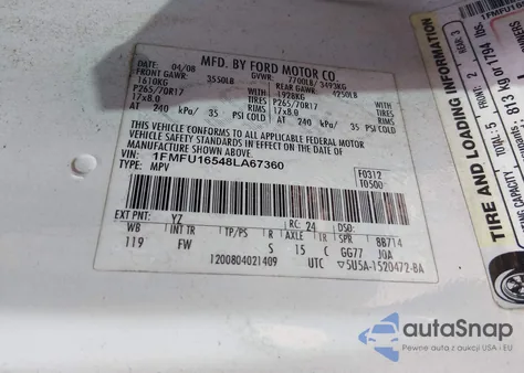 2008 Ford Expedition Xlt z USA, uszkodzony, nr VIN 1FMFU16548LA67360